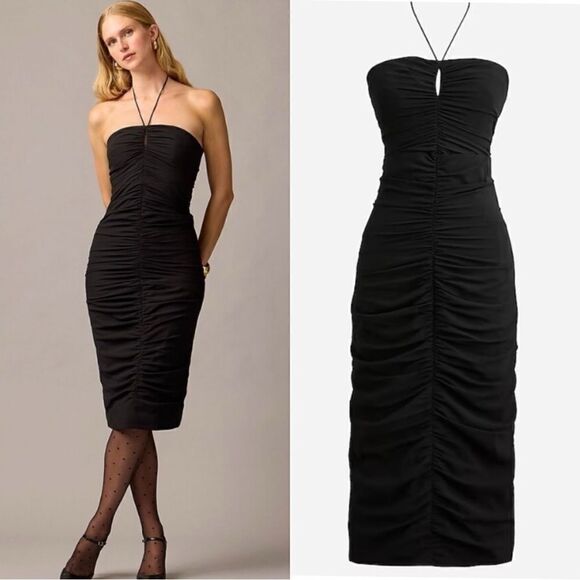 J Crew Collection Midi Black Dress Ruched Strapless Size 0 - Picture 1 of 14
